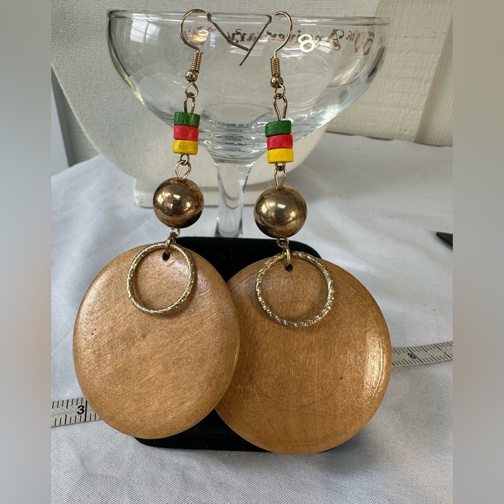 Long and large wooden disc earrings